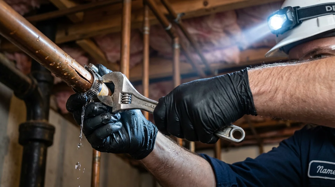 Emergency pipe clamp repair being performed by a Johns Plumbing LLC plumber in Livermore