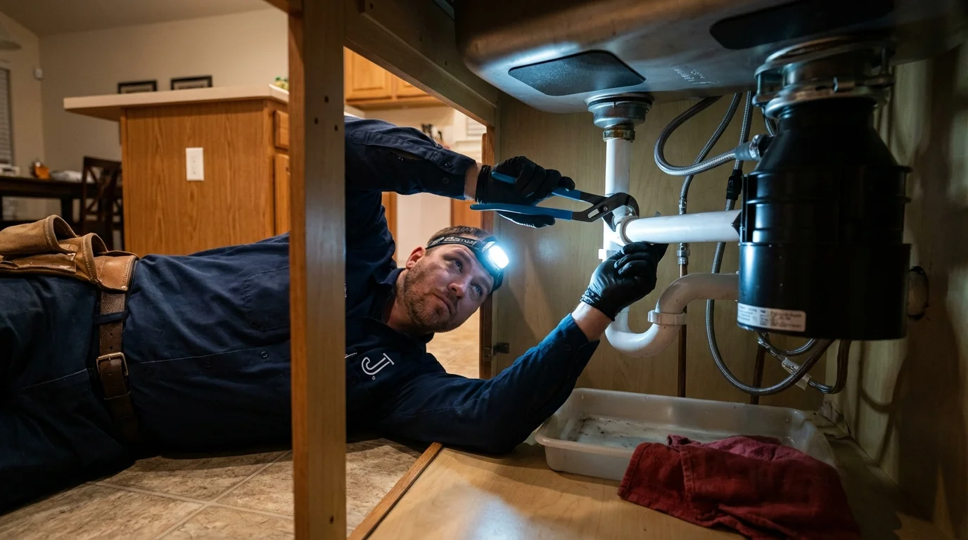 P-trap and supply line connections under a kitchen sink showing a common leak point in Livermore, CA